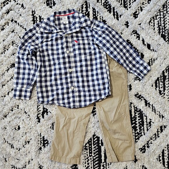 Carter's Toddler Boy 2 Piece Navy & White Gingham Button Up Shirt w/ Khakis 3T - Picture 1 of 7